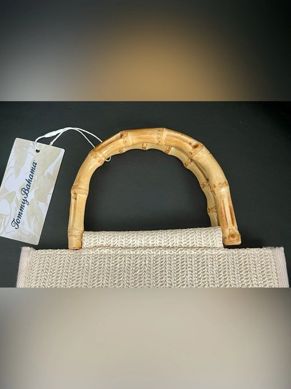 Tommy Bahama Cream Woven Raffia Tote with Bamboo Handles & Crossbody Chain